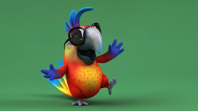 Colorful 3D parrot wearing stylish shades dancing with wings up, on plain green background