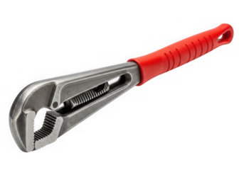 Adjustable pipe wrench with a red handle isolated on transparent background