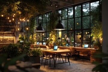 A 3D render of freelancers working in a cozy office space with a large window letting in natural light.