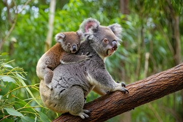Fototapeta premium A mother koala carries her baby joey on her back transparent background