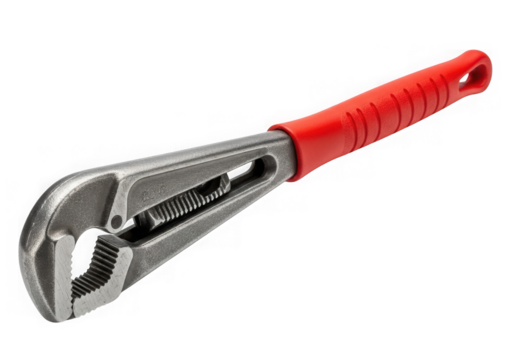 Adjustable pipe wrench with a red handle isolated on transparent background