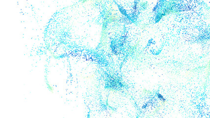 High-resolution abstract background image featuring a scatter of blue and green particles on white.