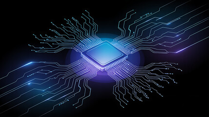 A glowing microchip at the center of a complex, interconnected circuit board, symbolizing advanced processing.