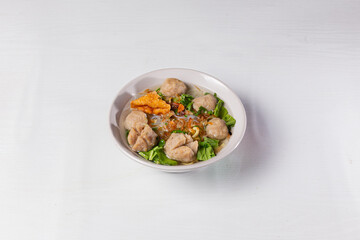 Indonesian Local Cuisine Mie Bakso - Noodles with Meat ball & Rich Beef Broth. Isolated in White Background