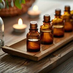 Essential Oil Bottles on Wooden Tray