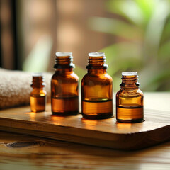 Essential Oil Bottles on Wooden Tray