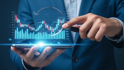 Digital Financial Analysis: Business Hand Magnifying Stock Market Data on Smartphone for Investment Strategy and Growth Trends - Powered by Adobe