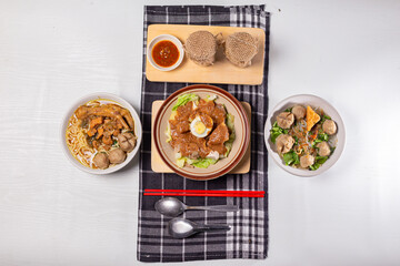 Healthy Fresh Indonesian Cuuisine - Siomay, Mie Bakso, Mie Ayam. Isolated in White Background 