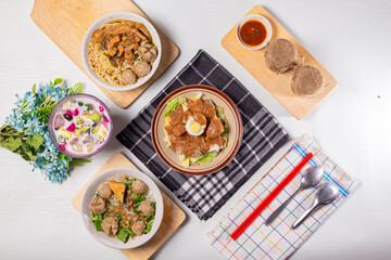 Healthy Fresh Indonesian Cuuisine - Siomay, Mie Bakso, Mie Ayam. Isolated in White Background 