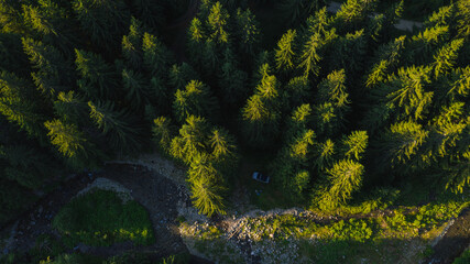 Drone top down photo perspective with a suv car camped next to a river in a pine forest