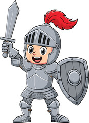 Cartoon knight boy in armor, holding sword and shield, medieval costume, heroic child character, fantasy battle, fun children illustration