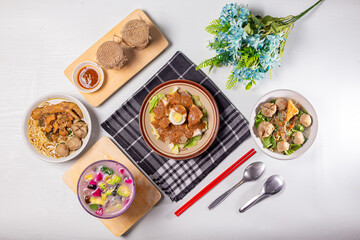 Healthy Fresh Indonesian Cuuisine - Siomay, Mie Bakso, Mie Ayam. Isolated in White Background 