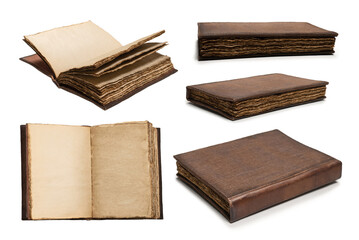 An open empty old notebook isolated on a white background.