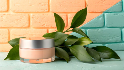 Elegant cosmetic cream jar with fresh green leaves against a vibrant pastel brick background