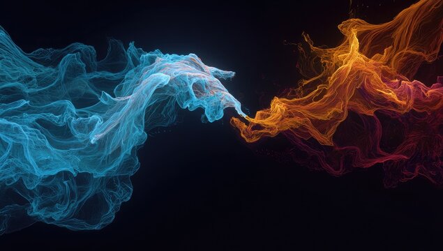 Abstract digital artwork of two swirling, flowing, ethereal clouds of contrasting colors