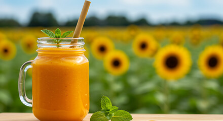 Fresh Orange Smoothie in Mason Jar with Mint in Sunflower Field