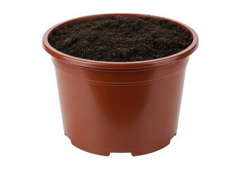 Brown plastic flowerpot filled with soil isolated on transparent background