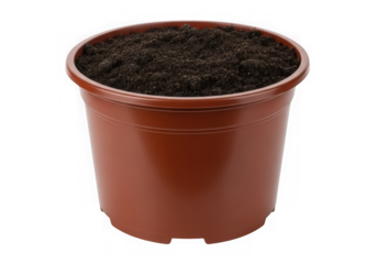 Brown plastic flowerpot filled with soil isolated on transparent background