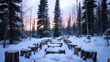 Snow-covered tree stumps form a path through a snowy forest at sunset, creating a serene winter scene - Powered by Adobe