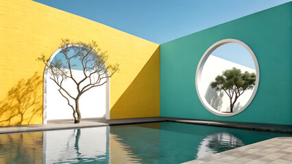 Vibrant modern courtyard with tranquil pool and framed trees evokes peaceful luxury and architectural beauty