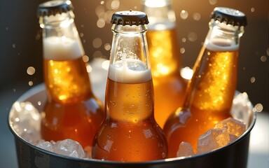 cold beer bottles in ice bucket with condensation — ideal for international beer day campaigns, summer party flyers, or beverage branding design. High quality