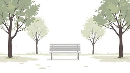 Obraz premium 넓은 공원 잔디밭 나뭇잎이 달린 초록색 나무 아래 홀로 있는 나무벤치하나 일러스트레이션 만화Large Park Lawn Tree Bench Hana Illustrated Cartoon Alone Under a Green Tree With Leaves