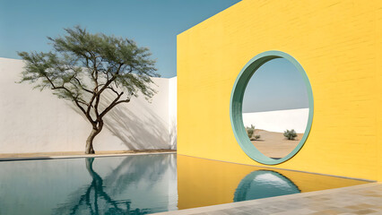 Stunning desert oasis with modern architecture, serene pool, and vibrant yellow wall
