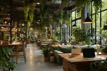 A 3D render of freelancers working in a cozy coworking space surrounded by large green plants.