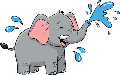 Cute cartoon baby elephant spraying water with trunk, smiling happy animal, fun children illustration, adorable gray elephant with pink ears