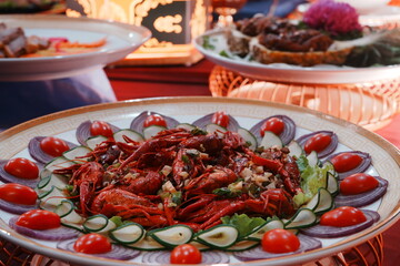 Crayfish Dish, Offerings at Temple in Tainan, Taiwan - 台湾 台南 供物 ザリガニの炒め物