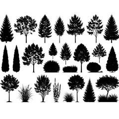  Vector silhouettes of trees, bushes, various types of trees and shrubs in black vector, Various shapes of silhouette of grass, bushes and low plants, design element 