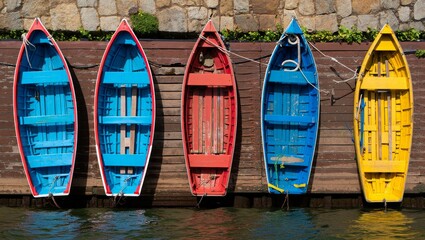 Colorful canoes lined up on a dock by the water
