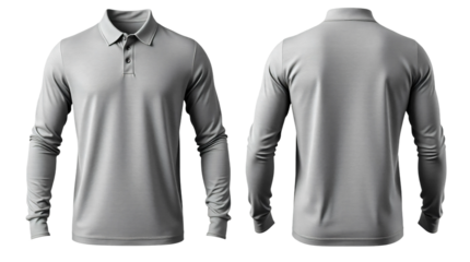 Grey long sleeve Polo t-shirt in front and back view, mockup isolated on transparent background