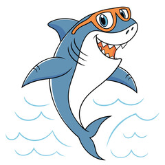 Smiling blue shark wearing orange goggles cartoon white
