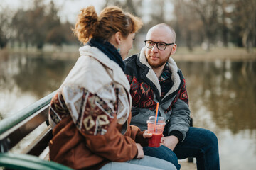 A couple sitting on a bench near a lake, enjoying a pleasant moment outdoors. The serene outdoor...