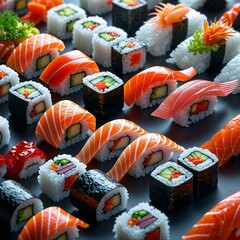 sushi on the table  food rolls japan cuisine gourmet healthy meal fresh lunch dinner restaurant fish seafood shrimp rise pattern design white background close-up