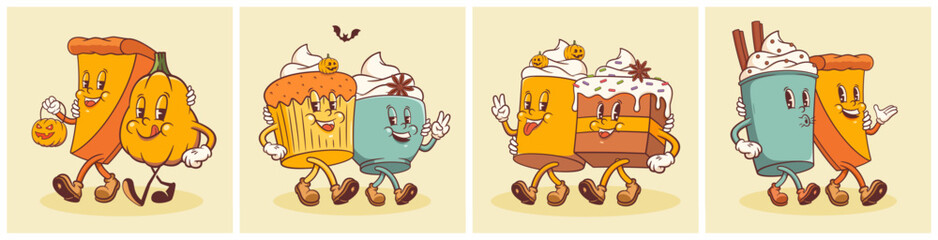 Groovy Halloween Retro Characters Set. Cartoon Food and Drink Pumpkin Pie, Cupcake, Latte Coffee. Vector Autumn Holiday Sweets Mascot Templates. Happy Vintage Cool Personage Illustrations Isolated