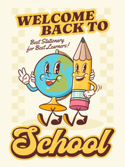 Groovy Back to School Retro Characters Poster. Cartoon Earth Globe and Pencil Walking and Smiling. Vector Education Mascot Templates. Happy Vintage Cool Learning Personage Illustrations Isolated