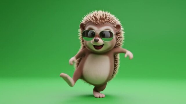 Cute 3D hedgehog cartoon with tiny sunglasses doing spin steps on green screen