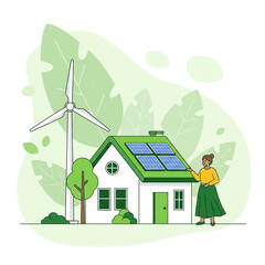 Illustration of a sustainable home with solar panels and a wind turbine. Concept of green, eco-friendly, and renewable energy.