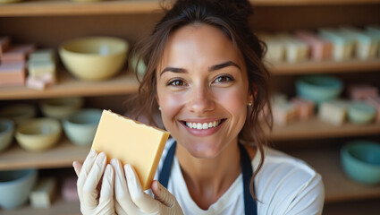 Close-up Portrait of Female Artisan Soap Maker with Freshly Molded Soap – Creative Studio Background
