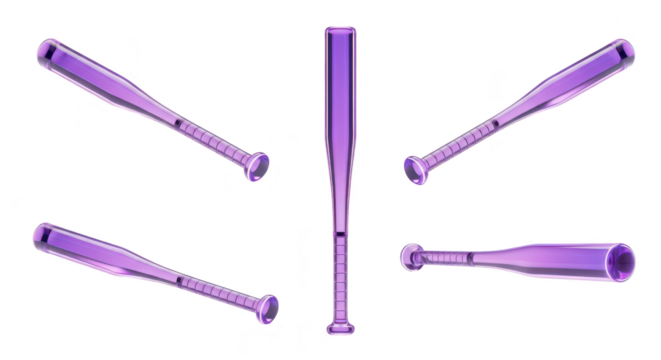 Purple baseball bat angled views isolated on white background showing grip details for sports recreation or potential abstract visual themes