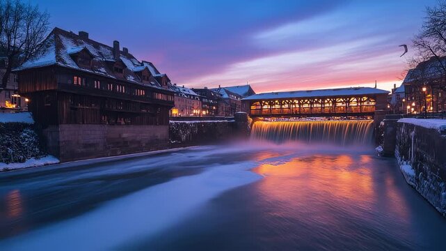 Enchanting riverside architecture reflecting the colorful dawn sky in winter, a picturesque scene