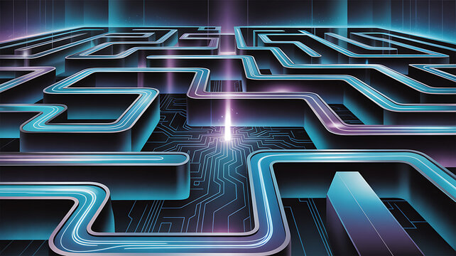 A glowing light navigates a complex digital maze, symbolizing a challenging path or problem-solving.