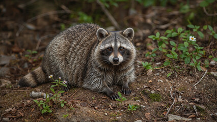 Obraz premium Wildlife Portrait of Raccoon Dog in Lush Mossy Forest Habitat