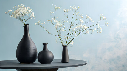 Elegant black vases with delicate white baby's breath flowers create a serene, minimalist aesthetic on a table