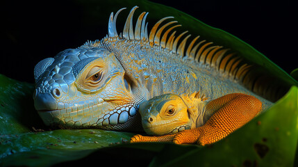 
A Mother Iguana Gently Protecting Her Baby Among Dark Foliage
어두운 잎사귀 사이에서 아기를 부드럽게 보호하는 어미 이구아나