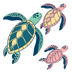 Stylized sea turtles swimming underwater illustration