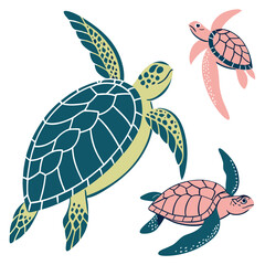 Stylized sea turtles swimming with fins spread marine life
