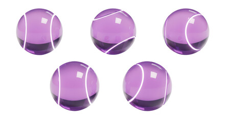 Five translucent purple spheres with white lines mimic tennis balls casting shadows isolated on a white backdrop suitable for design or abstract concepts